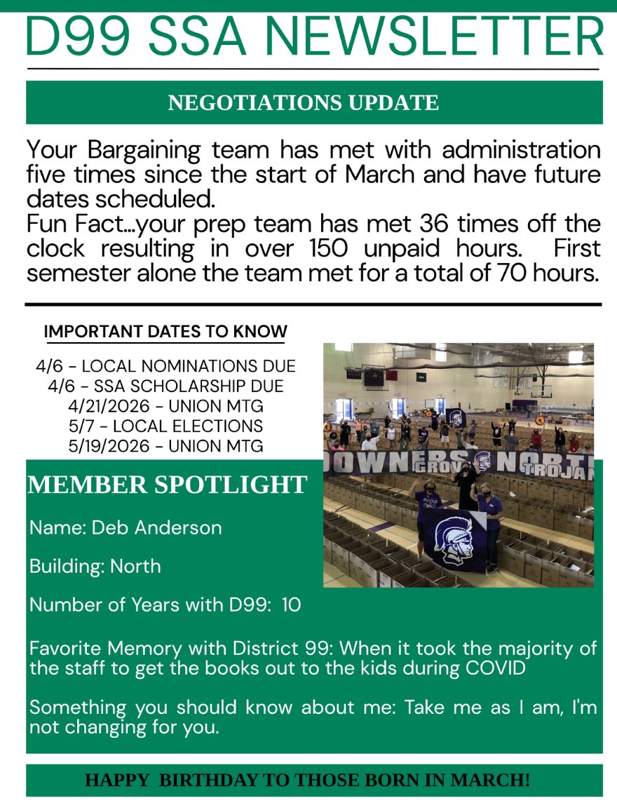 Cover of the March 2026 D99 SSA newsletter.